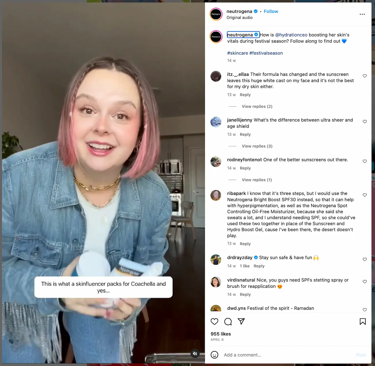 Instagram post by Neutrogena featuring 'skinfluencer' Rachel Finley